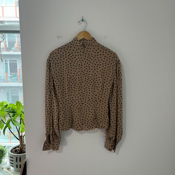 Ganni Brown & Black Polka Dot High Neck Long Sleeve Blouse Size 34 - Picture 4 of 8